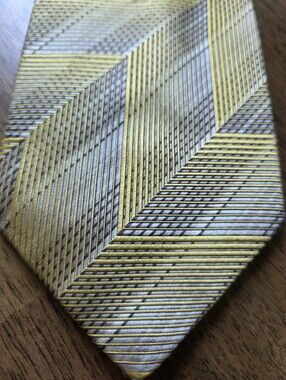Bold Bugatchi Gold and Gray Staircase Geometric Striped 100% Silk Tie